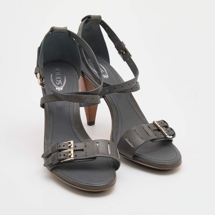 Pre Owned Tod's Grey Leather Buckle Detail Ankle Strap Sandals Size 39