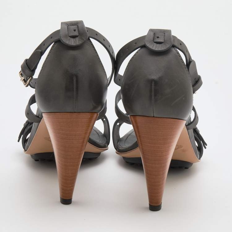 Pre Owned Tod's Grey Leather Buckle Detail Ankle Strap Sandals Size 39