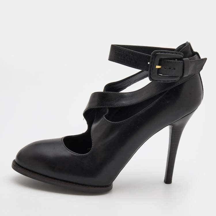 Pre Owned Tod's Black Leather Cross Strap Pumps Size 37.5