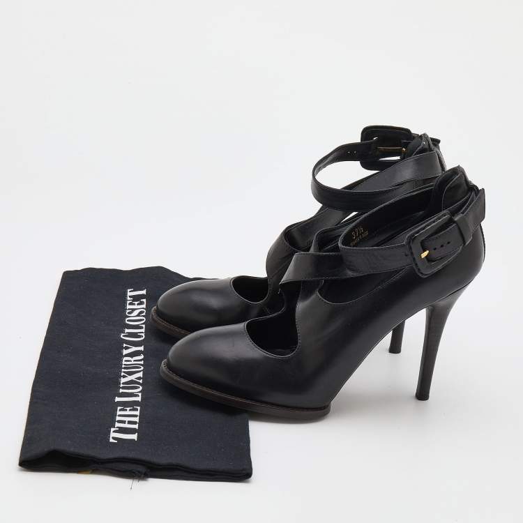 Pre Owned Tod's Black Leather Cross Strap Pumps Size 37.5