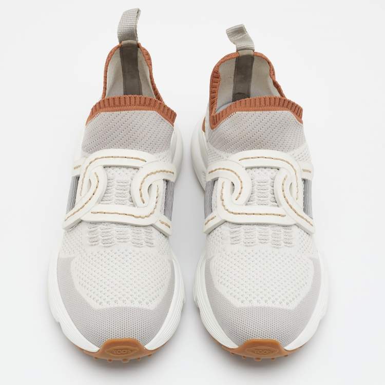 Pre Owned Tod's White/Grey Knit Fabric Catena Sneakers Size 38.5
