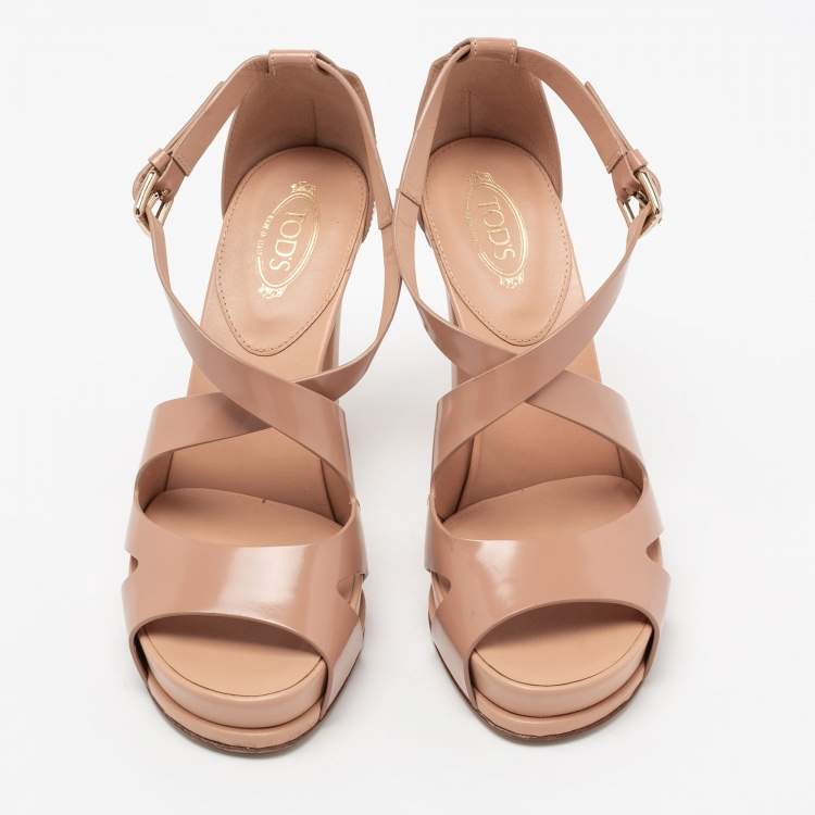 Pre Owned Tod's Beige Leather Criss Cross Open Toe Ankle Stap Sandals Size 36