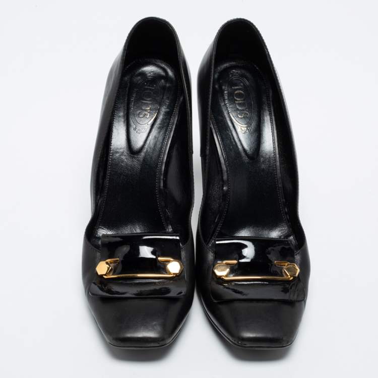 Pre Owned Tod's Black Leather Block Heel Square Toe Pumps Size 39