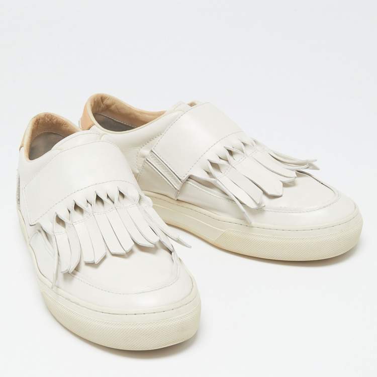 Pre Owned Tod's White Leather Fringe Detail Slip On Sneakers Size 39.5