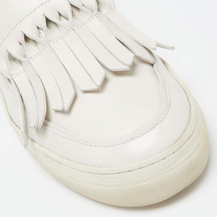 Pre Owned Tod's White Leather Fringe Detail Slip On Sneakers Size 39.5