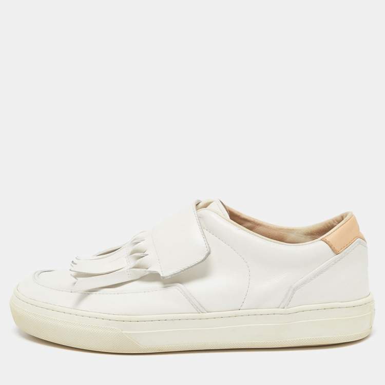 Pre Owned Tod's White Leather Fringe Detail Slip On Sneakers Size 39.5