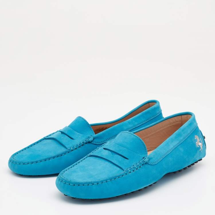 Pre Owned Tod's for Ferrari Blue Nubuck Leather Slip On Loafers Size 38