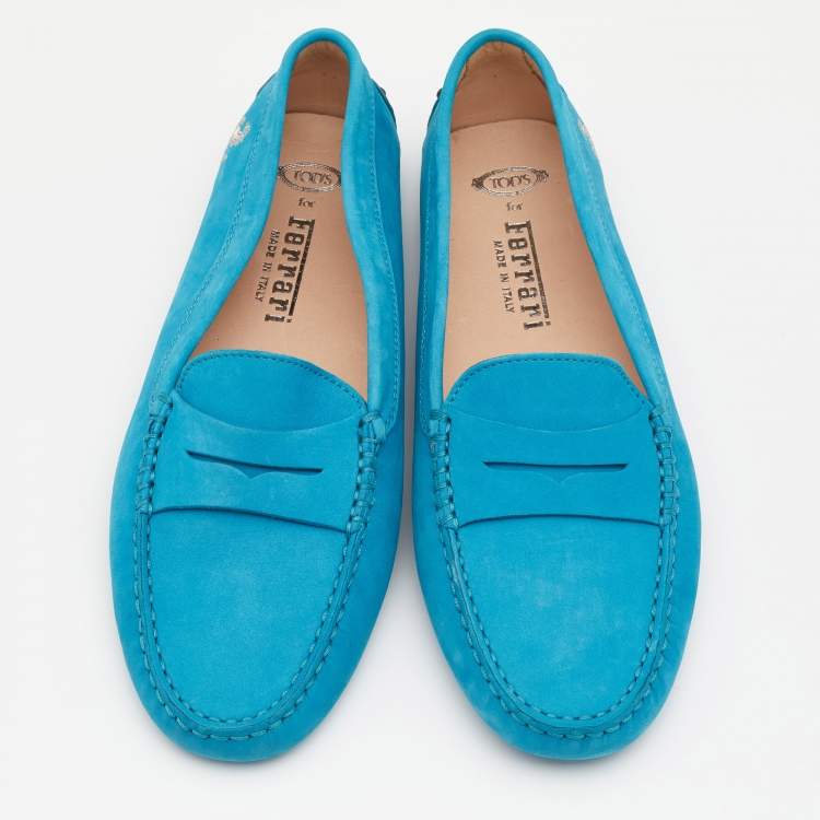 Pre Owned Tod's for Ferrari Blue Nubuck Leather Slip On Loafers Size 38