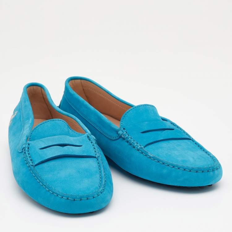 Pre Owned Tod's for Ferrari Blue Nubuck Leather Slip On Loafers Size 38
