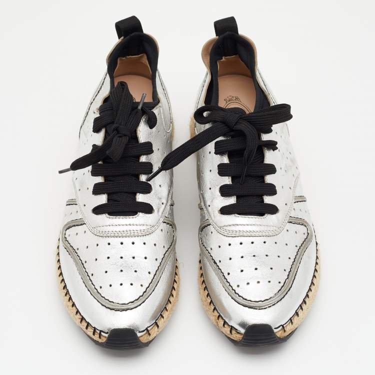 Pre Owned Tod's Metallic Silver Leather Espadrille Low Top Sneakers Size 40