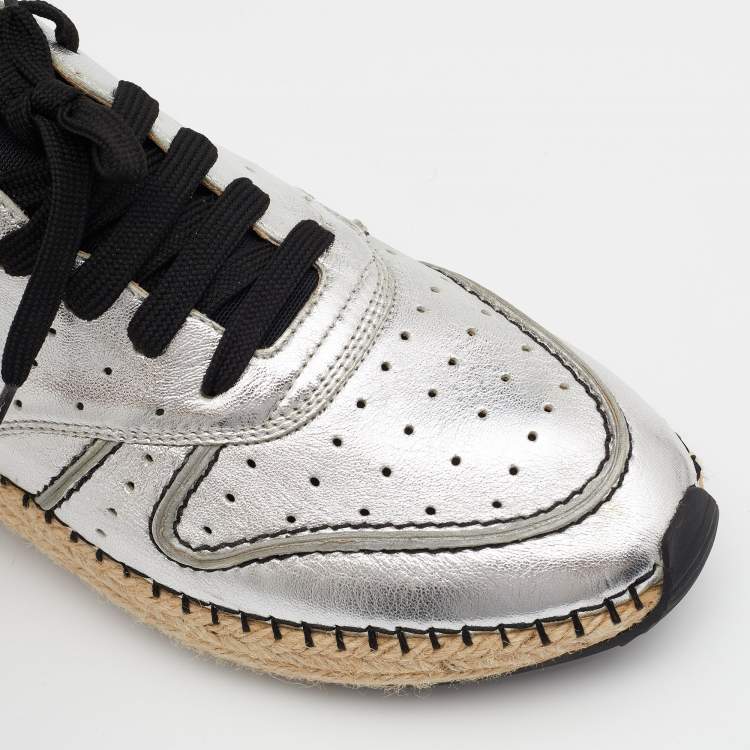 Pre Owned Tod's Metallic Silver Leather Espadrille Low Top Sneakers Size 40