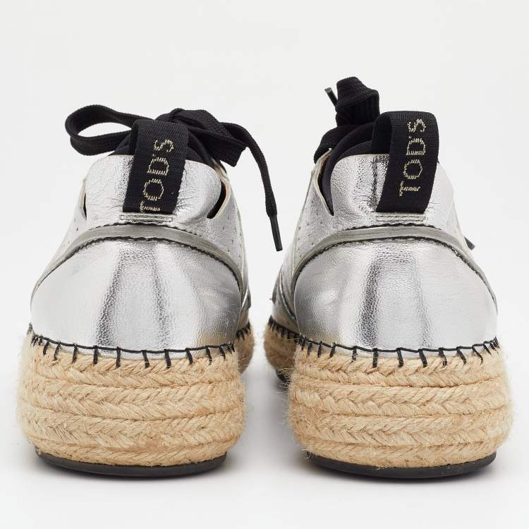 Pre Owned Tod's Metallic Silver Leather Espadrille Low Top Sneakers Size 40