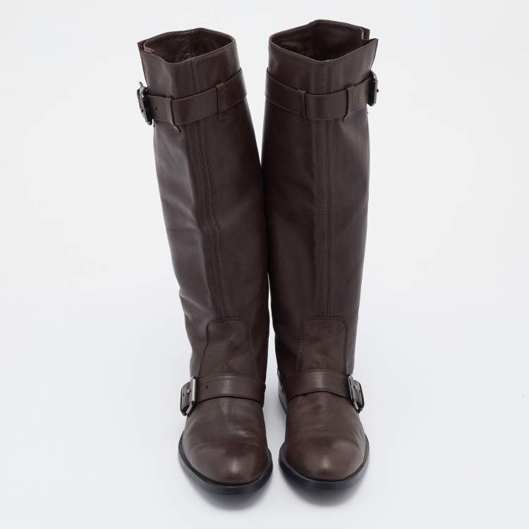 Pre Owned Tod's Brown Leather Calf Length Boots Size 38