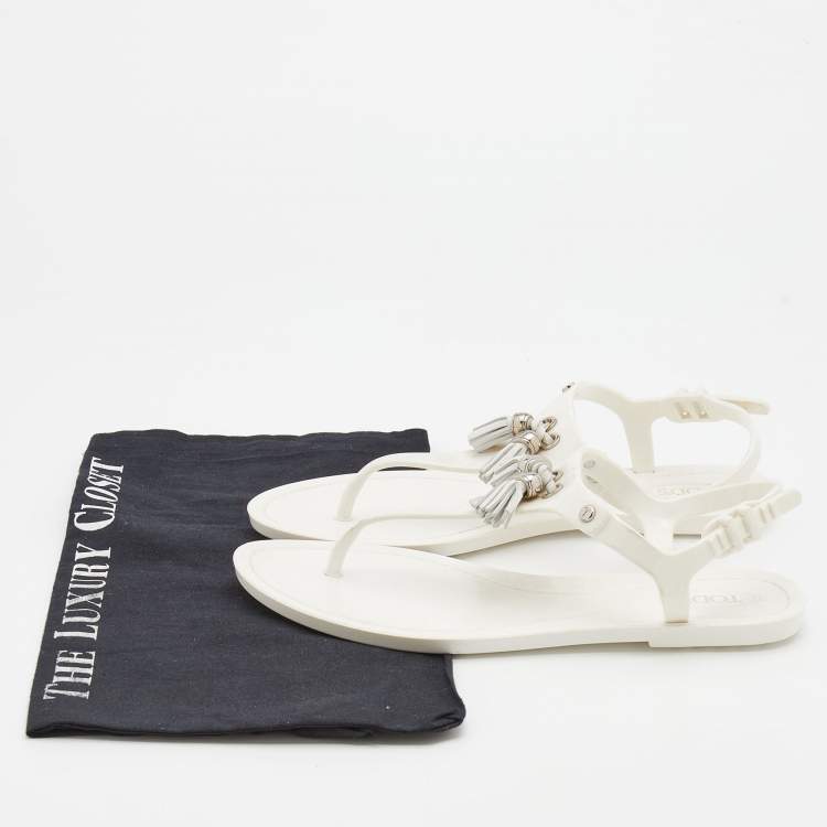 Pre Owned Tod's White Jelly Tassel Detail Thong Flat Sandals Size 37