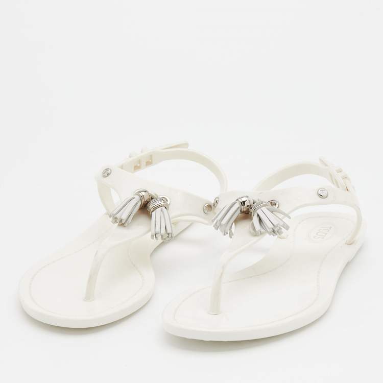 Pre Owned Tod's White Jelly Tassel Detail Thong Flat Sandals Size 37