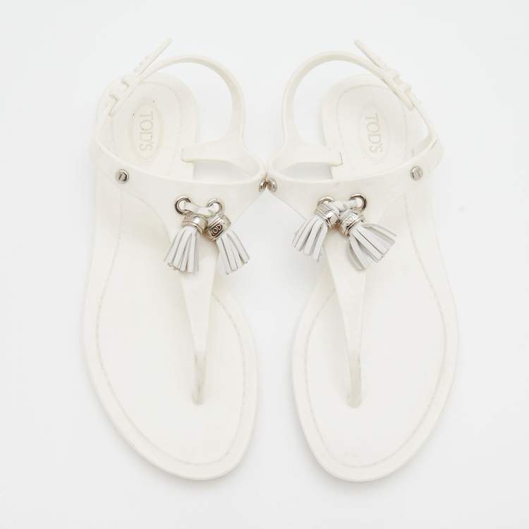 Pre Owned Tod's White Jelly Tassel Detail Thong Flat Sandals Size 37