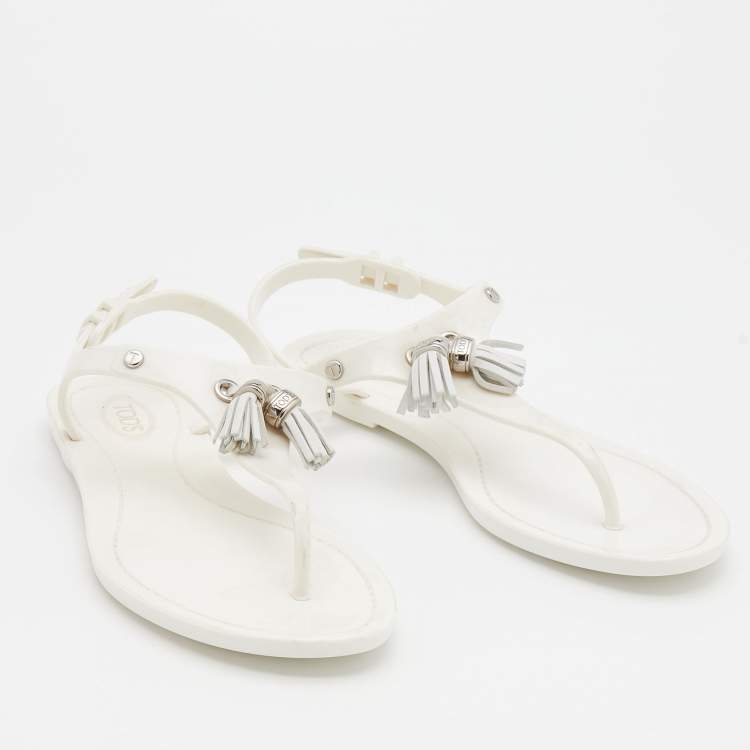 Pre Owned Tod's White Jelly Tassel Detail Thong Flat Sandals Size 37