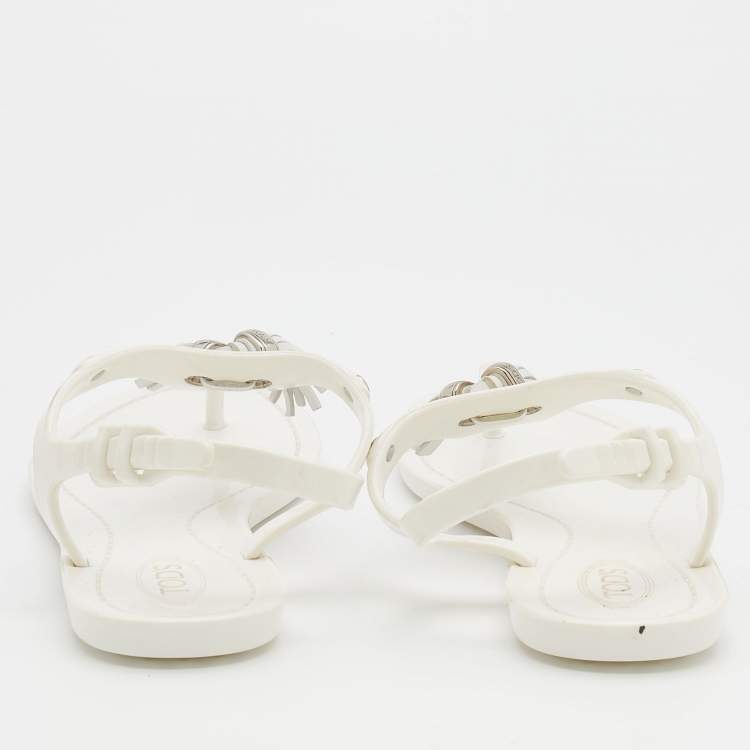 Pre Owned Tod's White Jelly Tassel Detail Thong Flat Sandals Size 37