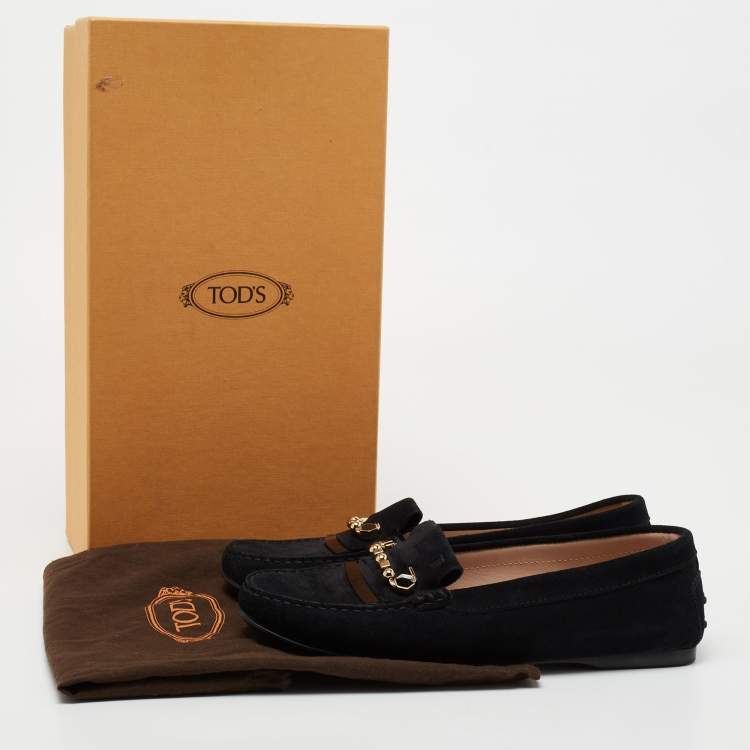 Pre Owned Tod's Black Suede Safety Pin Slip-On Loafers Size 38