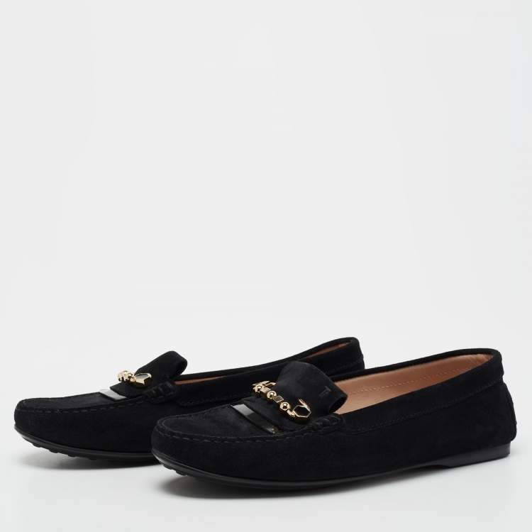 Pre Owned Tod's Black Suede Safety Pin Slip-On Loafers Size 38