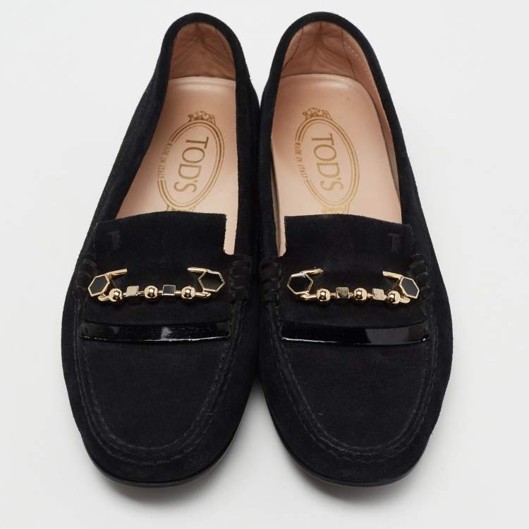 Pre Owned Tod's Black Suede Safety Pin Slip-On Loafers Size 38