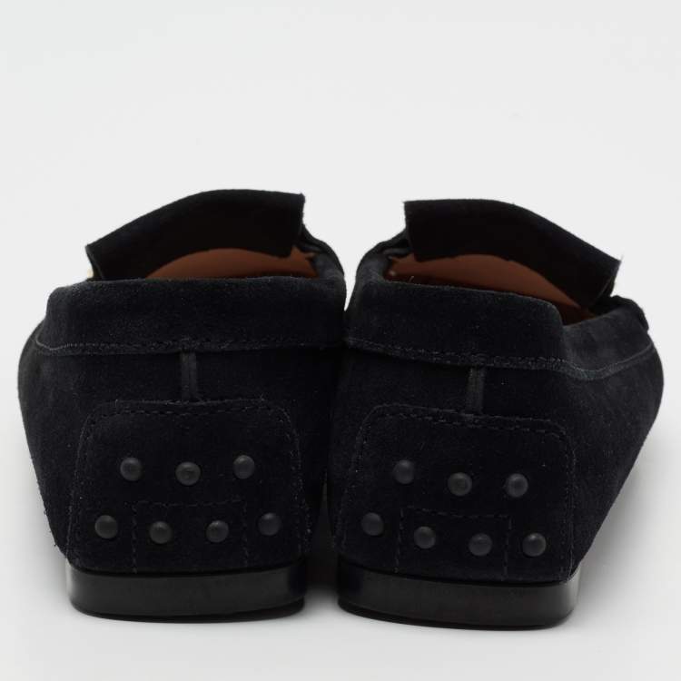 Pre Owned Tod's Black Suede Safety Pin Slip-On Loafers Size 38