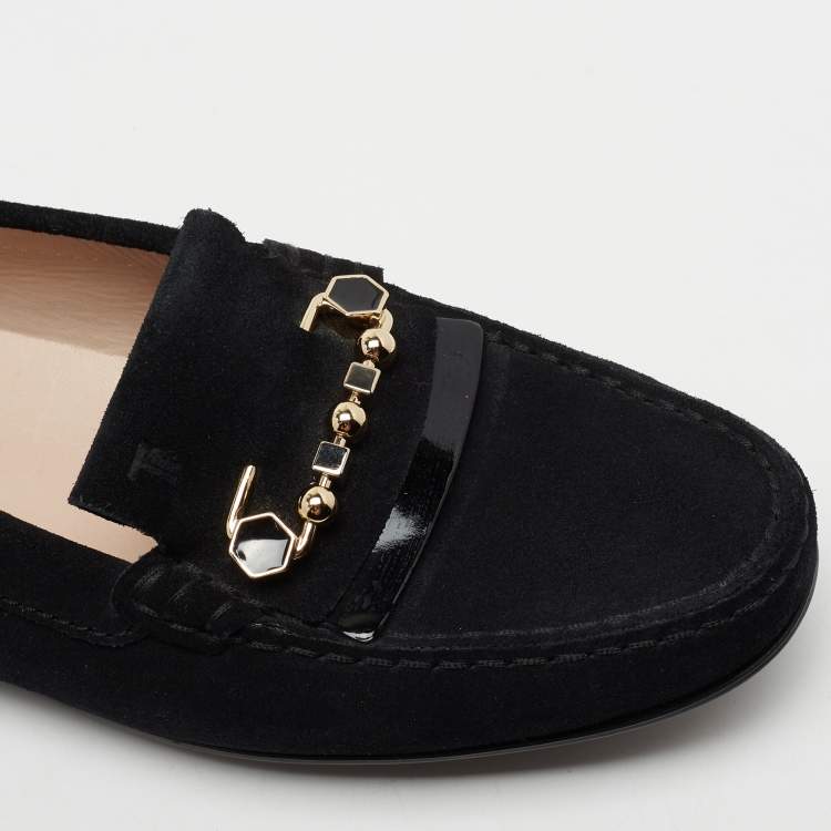 Pre Owned Tod's Black Suede Safety Pin Slip-On Loafers Size 38
