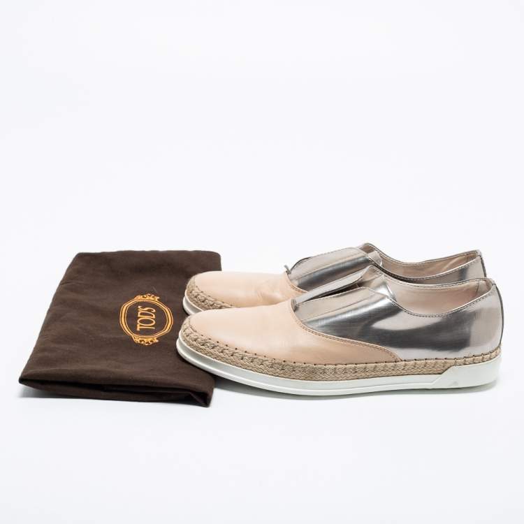 Pre Owned Tod's Silver and Beige Patent and  Leather Francesina Slip On Espadrille Sneakers Size 35.5
