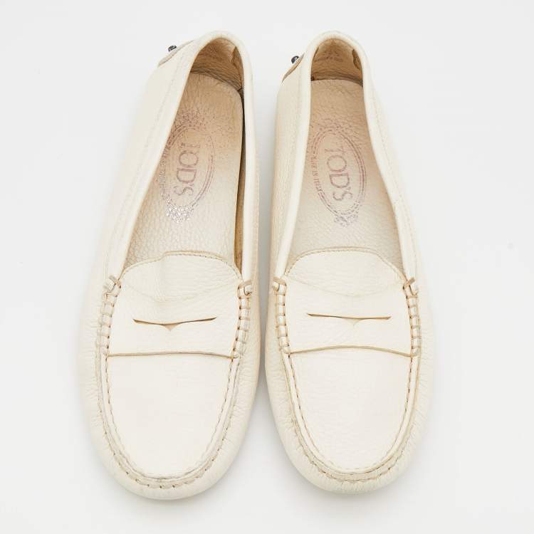 Pre Owned Tod's White Leather Penny Slip On Loafers Size 38.5