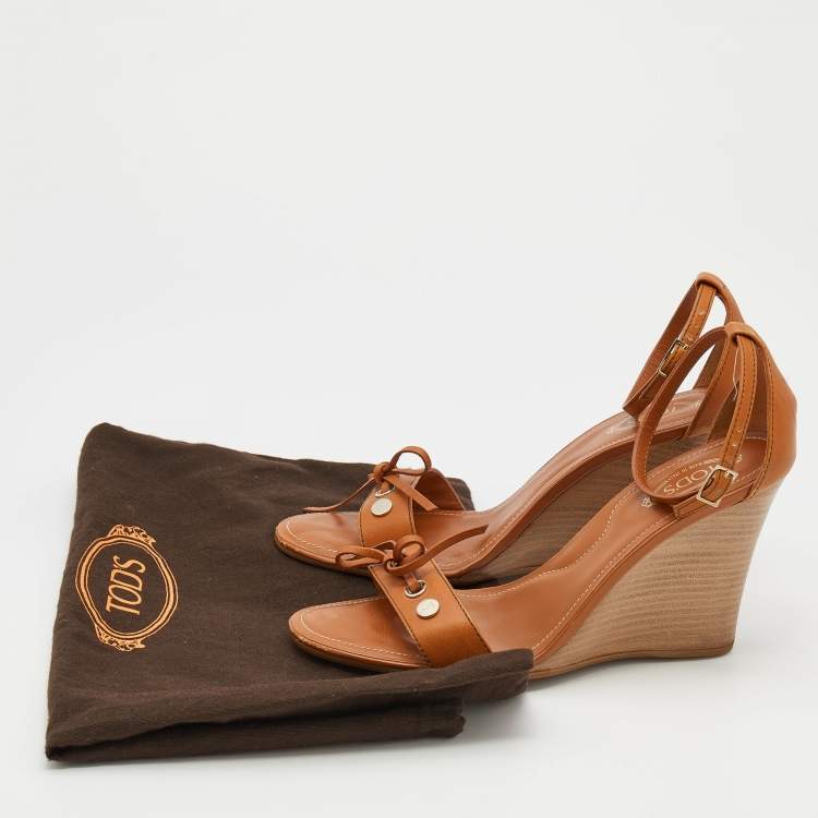 Pre Owned Tod's Brown Leather Bow Ankle Strap Wedge Sandals Size 38