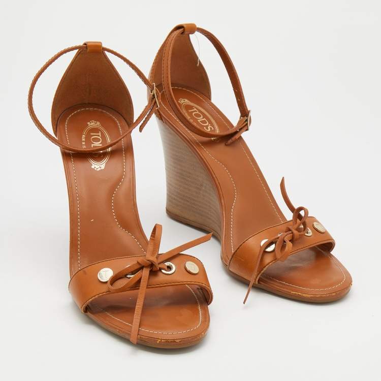 Pre Owned Tod's Brown Leather Bow Ankle Strap Wedge Sandals Size 38