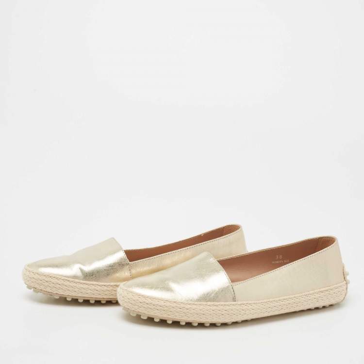Pre Owned Tod's Metallic Gold Leather Espadrille Loafers Size 36