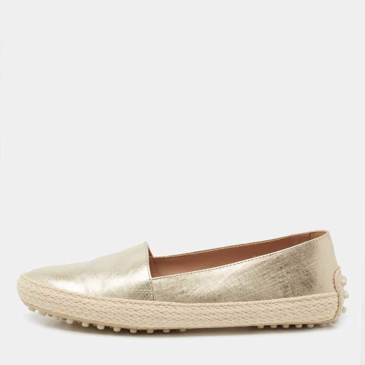 Pre Owned Tod's Metallic Gold Leather Espadrille Loafers Size 36