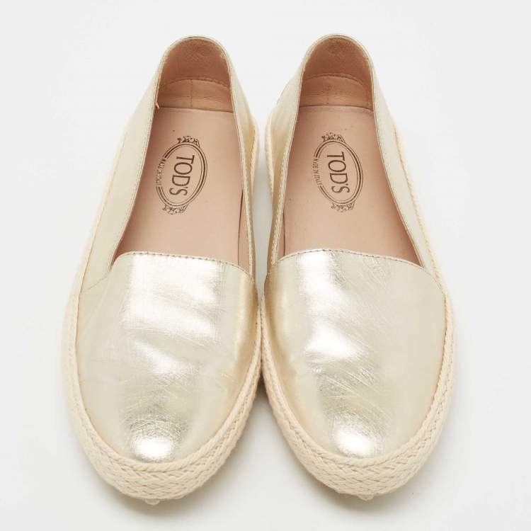 Pre Owned Tod's Metallic Gold Leather Espadrille Loafers Size 36
