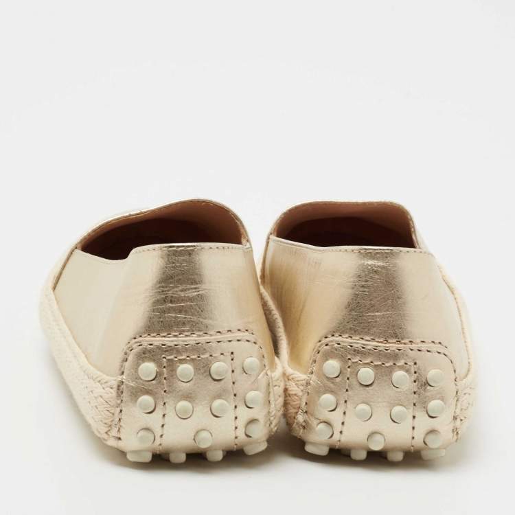 Pre Owned Tod's Metallic Gold Leather Espadrille Loafers Size 36