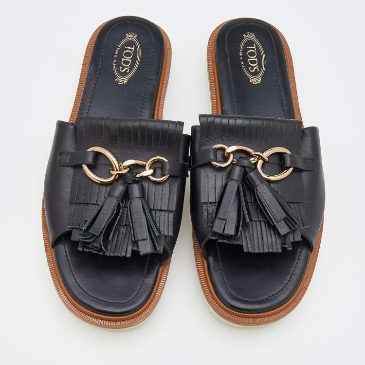 Pre Owned Tod's Black Leather Tassel Fringe Detail Platform Slide Sandals Size 39
