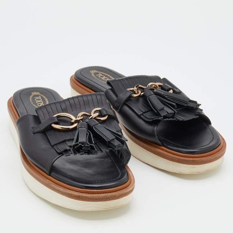 Pre Owned Tod's Black Leather Tassel Fringe Detail Platform Slide Sandals Size 39