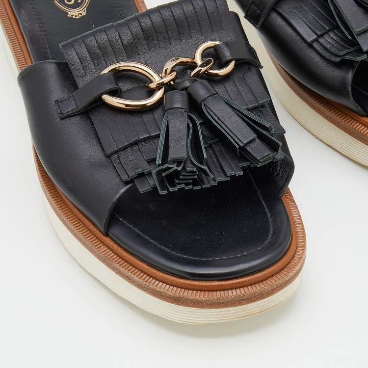 Pre Owned Tod's Black Leather Tassel Fringe Detail Platform Slide Sandals Size 39