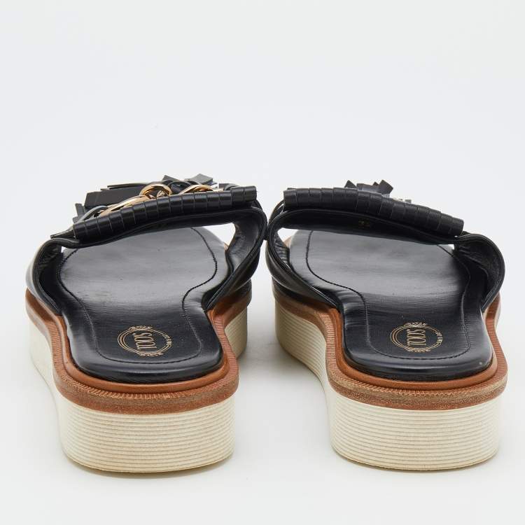 Pre Owned Tod's Black Leather Tassel Fringe Detail Platform Slide Sandals Size 39