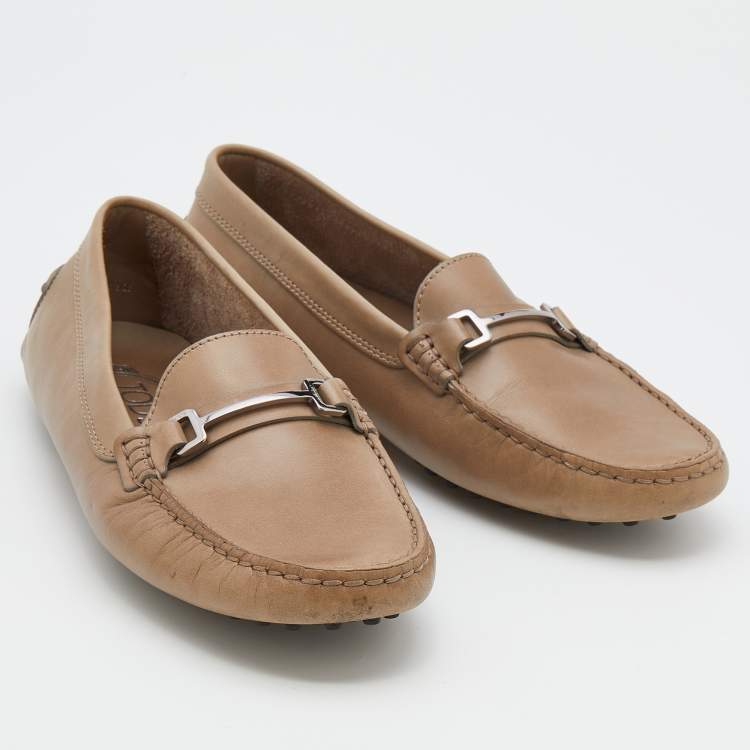 Pre Owned Tod's Sand Brown Leather Slip On Loafers Size 38