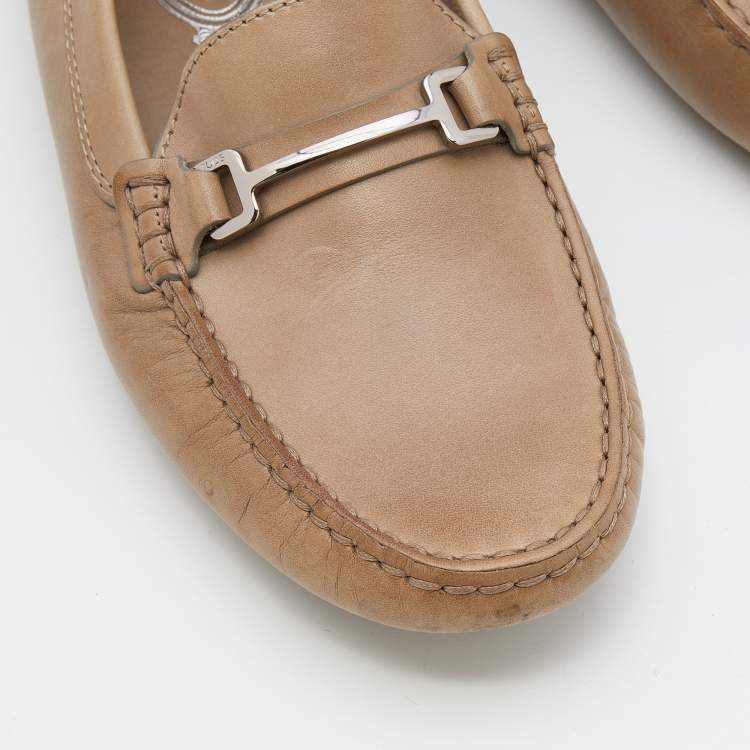 Pre Owned Tod's Sand Brown Leather Slip On Loafers Size 38
