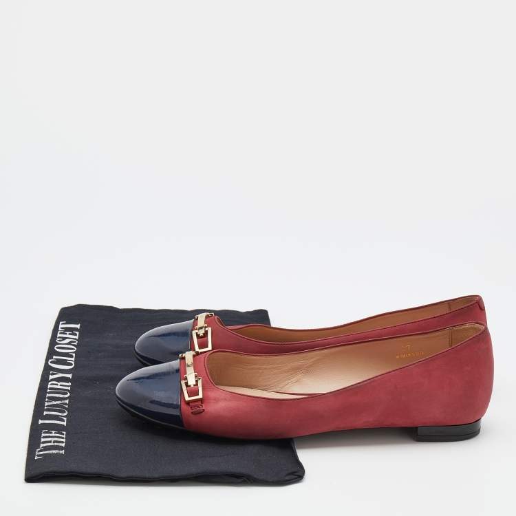 Pre Owned Tod's Crimson Red/Blue Leather And Patent Leather Cap Toe Buckle Ballet Flats Size 37
