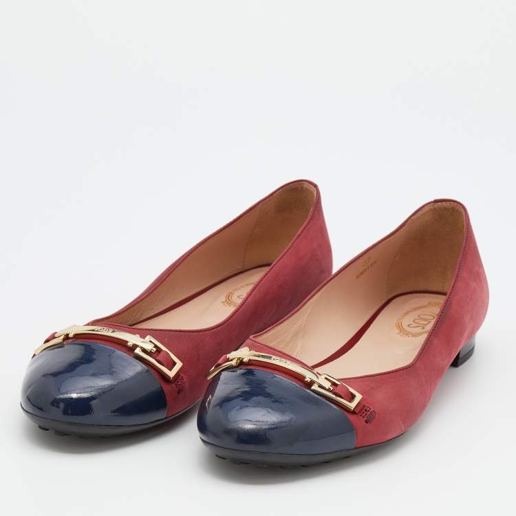 Pre Owned Tod's Crimson Red/Blue Leather And Patent Leather Cap Toe Buckle Ballet Flats Size 37