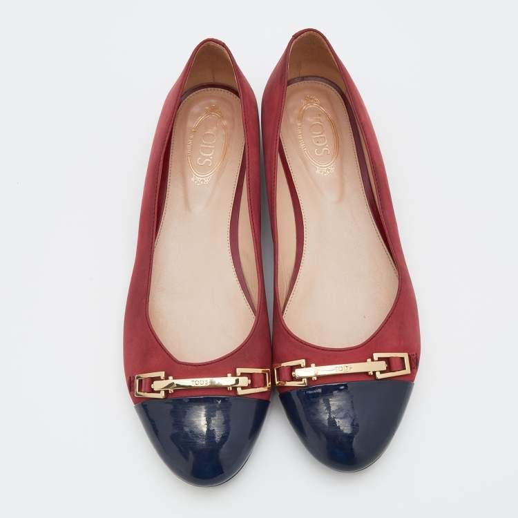 Pre Owned Tod's Crimson Red/Blue Leather And Patent Leather Cap Toe Buckle Ballet Flats Size 37