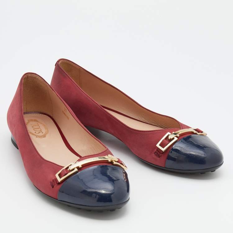 Pre Owned Tod's Crimson Red/Blue Leather And Patent Leather Cap Toe Buckle Ballet Flats Size 37