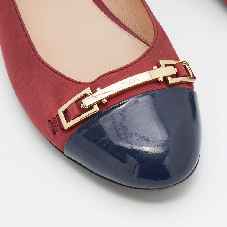 Pre Owned Tod's Crimson Red/Blue Leather And Patent Leather Cap Toe Buckle Ballet Flats Size 37