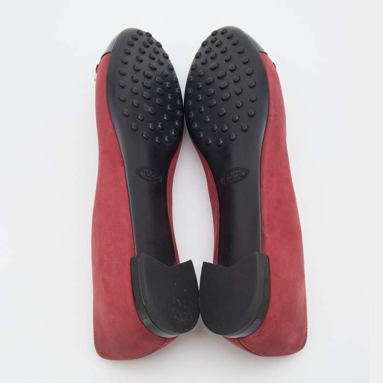Pre Owned Tod's Crimson Red/Blue Leather And Patent Leather Cap Toe Buckle Ballet Flats Size 37
