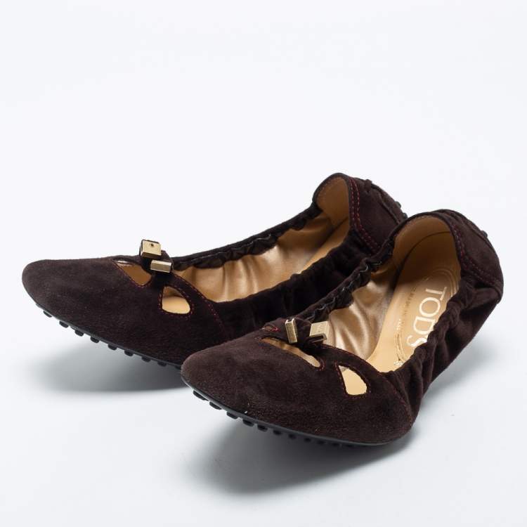 Pre Owned Tod's Brown Suede Scrunch Bow Ballet Flats Size 37.5