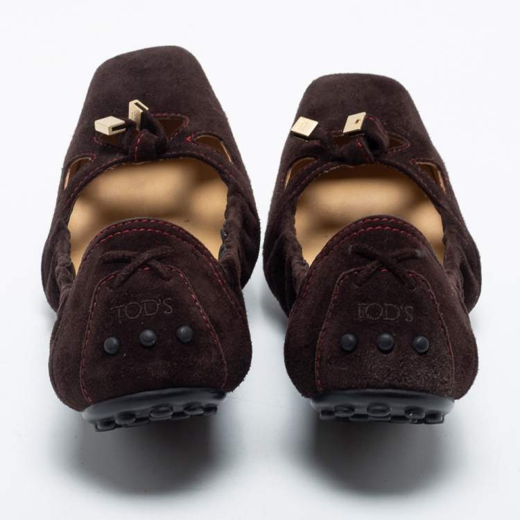 Pre Owned Tod's Brown Suede Scrunch Bow Ballet Flats Size 37.5