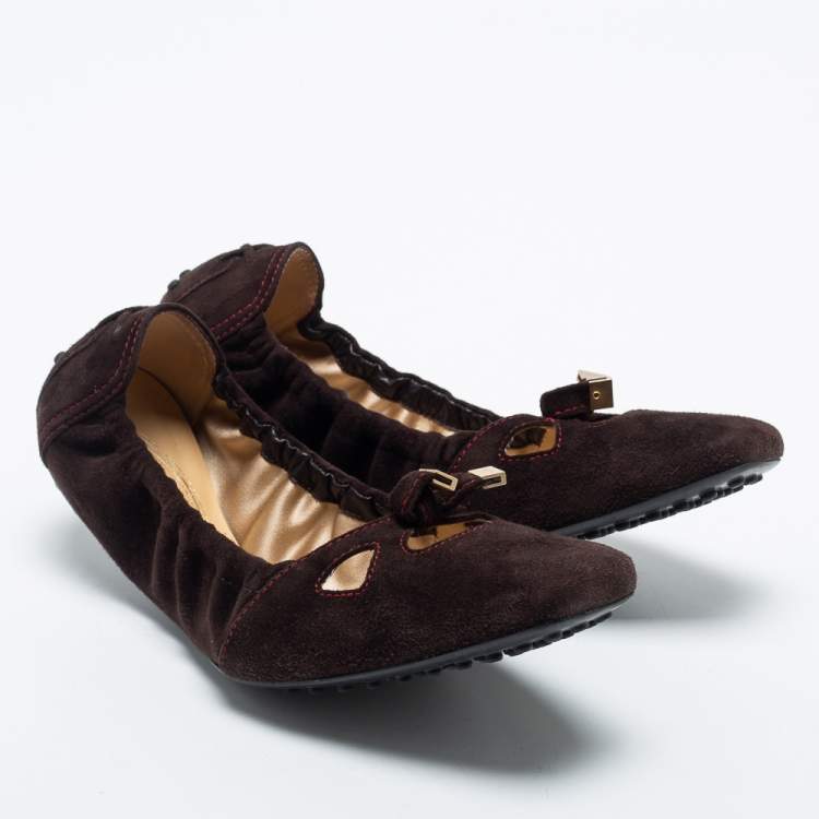 Pre Owned Tod's Brown Suede Scrunch Bow Ballet Flats Size 37.5